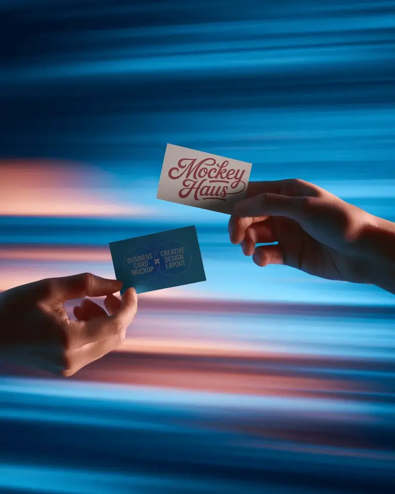 Modern Minimalist Business Card Mockup Dual Hands Floating Over Dynamic Blue Background