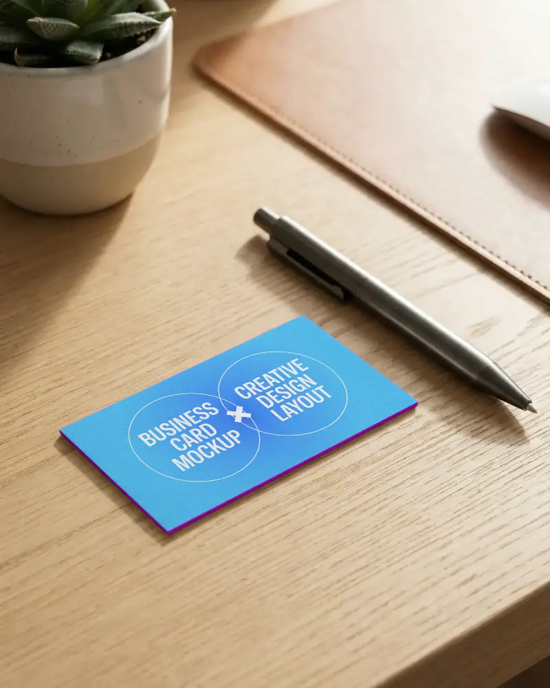 Premium Textured Business Card Mockup On Wooden Desk With Metal Pen And Desk Accessories