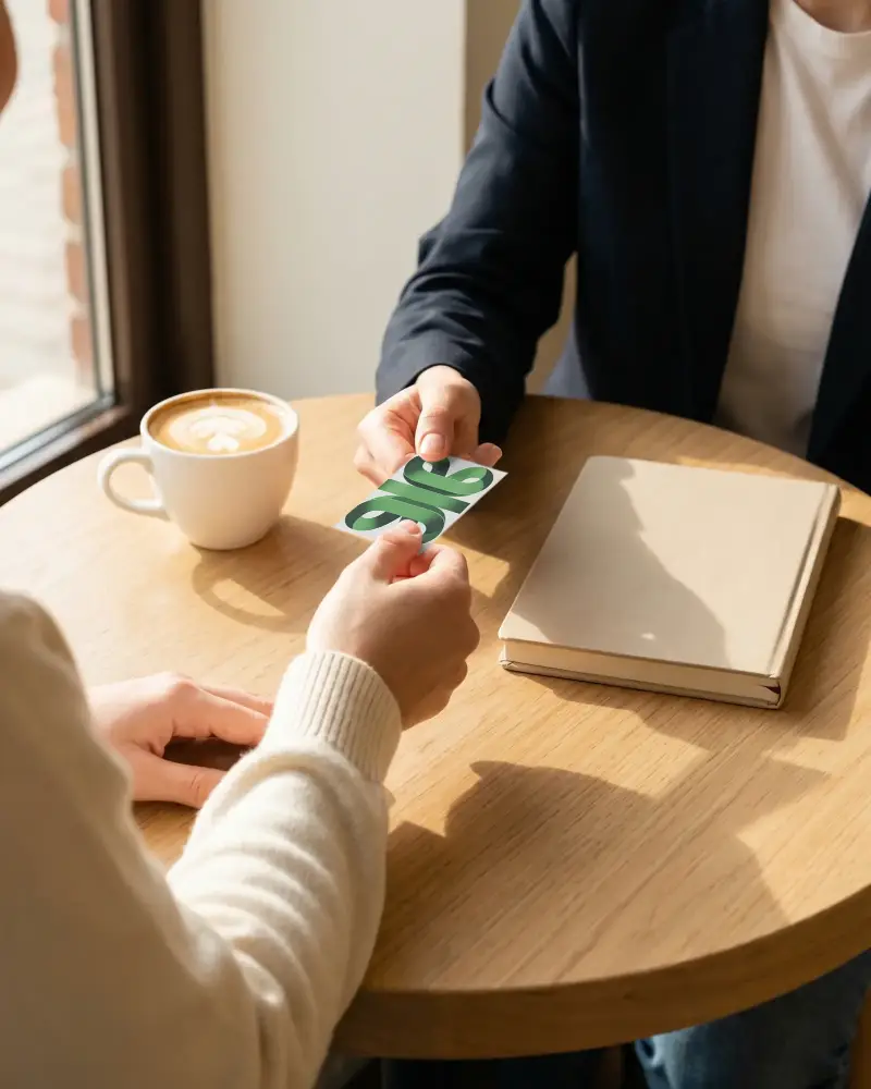 Close Up Hands Sharing Business Card Mockup In Casual Business Meeting Setting