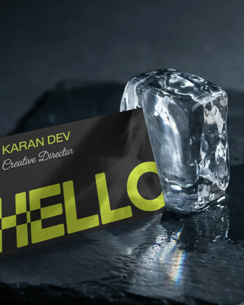 Professional Textured Business Card Placed Against Transparent Melting Ice Cube Mockup