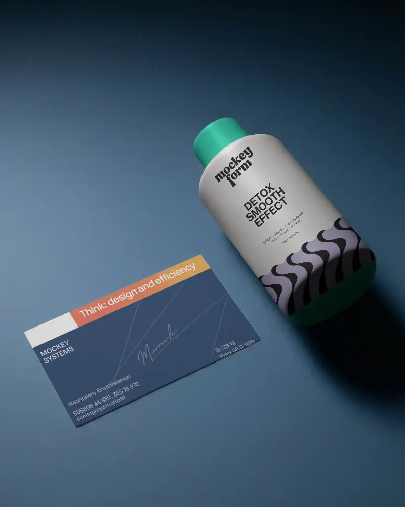 Premium Textured Business Card Mockup With Minimalist Bottle Display For Brand Presentation