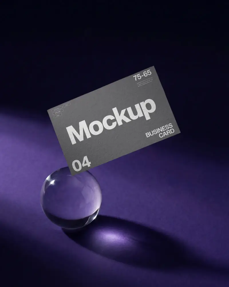 Elegant Floating Business Card Mockup On Transparent Glass Sphere With Dark Background Light