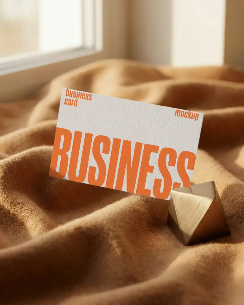Elegant Blank Business Card Mockup On Cozy Textile Surface With Unique Metal Holder
