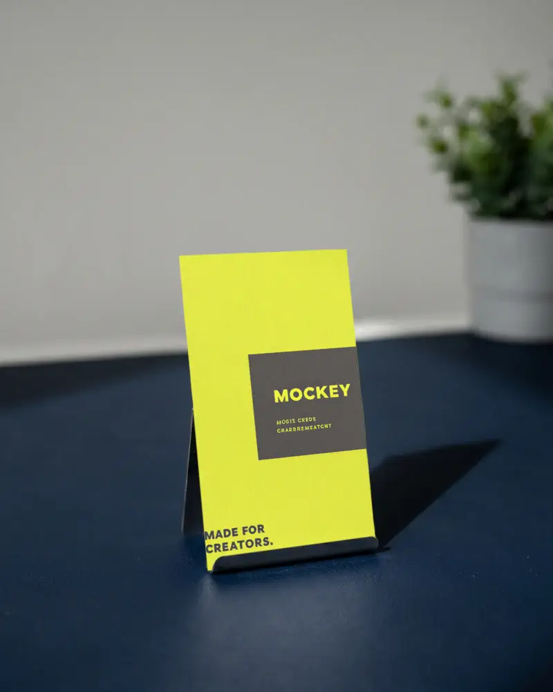 Blank Vertical Business Card Mockup On Desktop With Shadow And Minimal Background