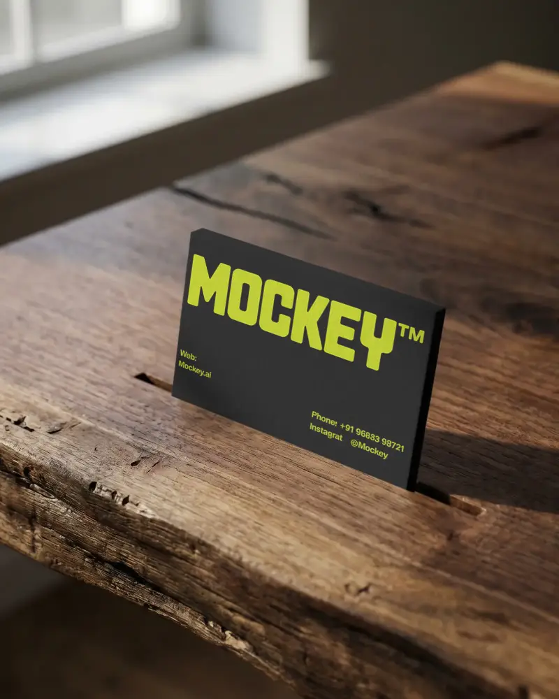 Vertical Business Card Mockup On Textured Wood Table With Natural Light Background