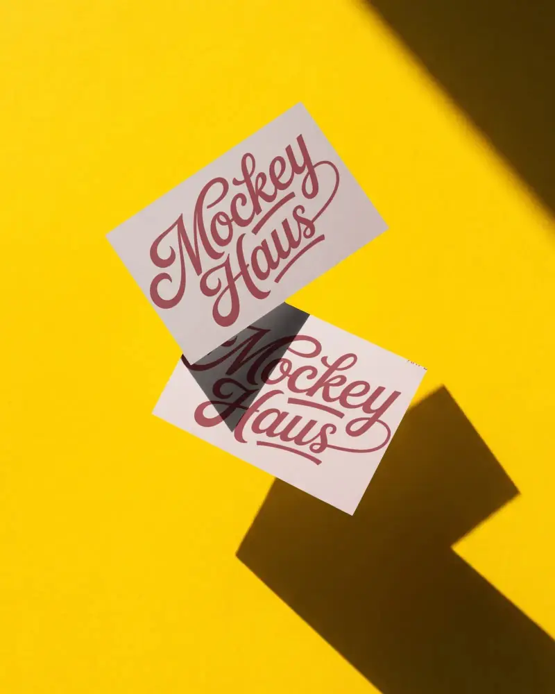 Floating Minimalist Business Card Mockups With Sharp Shadows On Bright Yellow Background