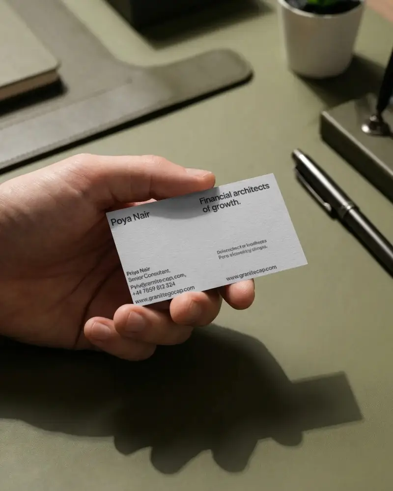 Closeup Of Hand Presenting Empty Business Card Mockup With Office Accessories