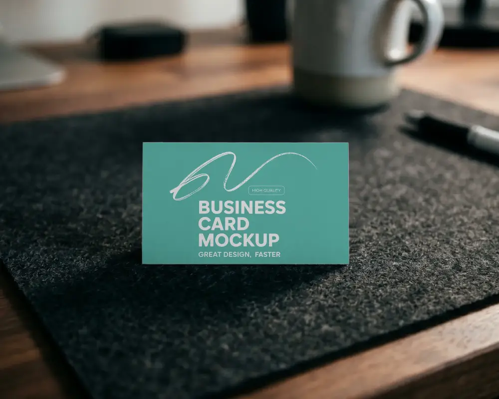 Professional Blank Business Card Mockup Textured Felt Mat With Coffee Cup And Pen