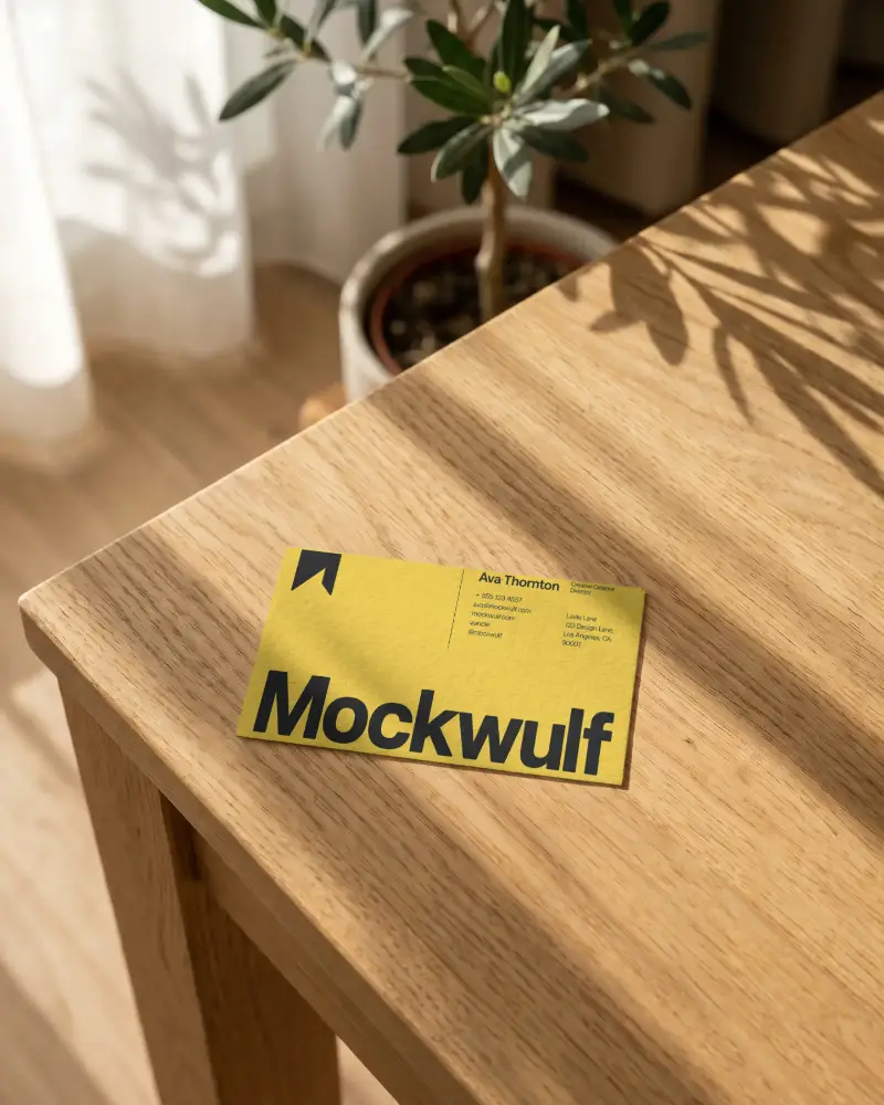 Textured Blank Business Card Mockup On Wooden Table With Natural Light