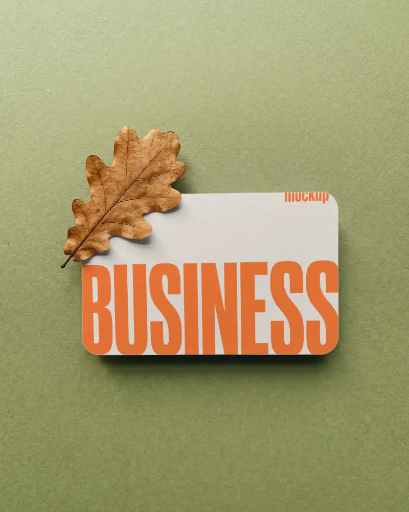 Minimalistic Rounded Edge Business Card Mockup With Autumn Leaf Natural Theme Presented