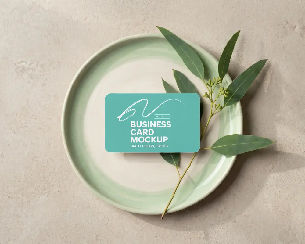 Eco Friendly Business Card Mockup On Ceramic Plate With Natural Greenery Layout