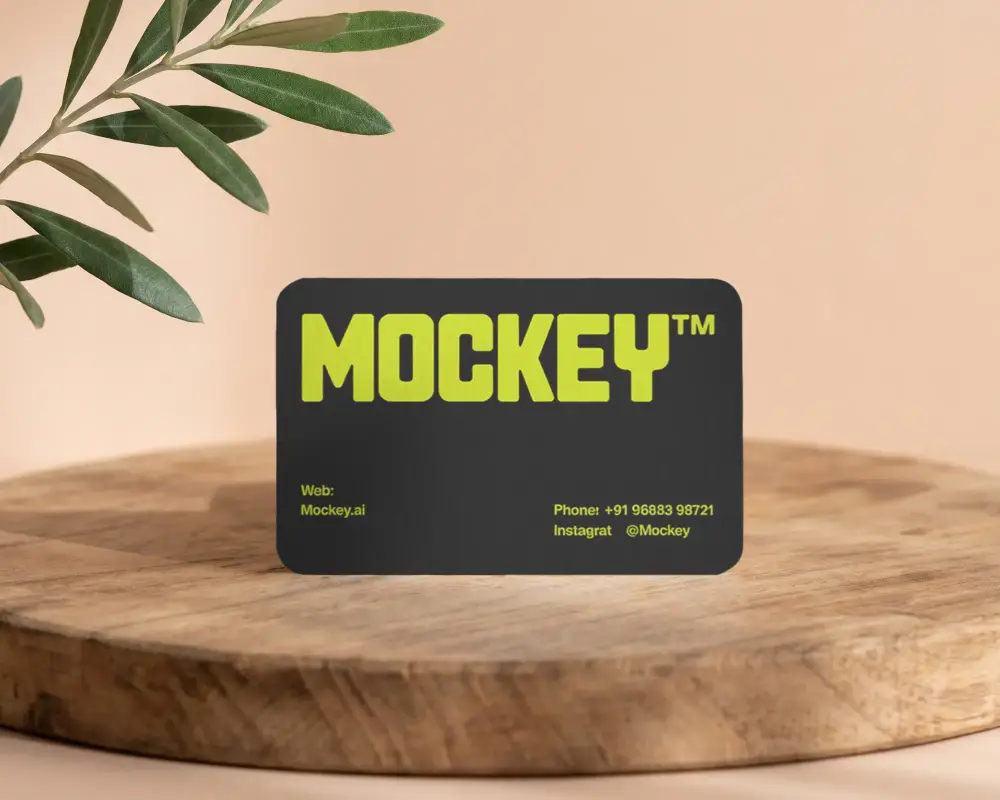 Minimalist Business Card Mockup Propped On Wood Surface With Soft Natural Light
