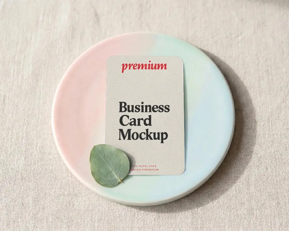 Stylish Elegant Business Card Mockup On Round Plate With Fabric Background And Leaf Element