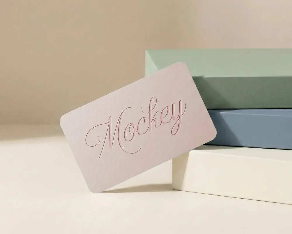 Textured Rounded Corners Business Card Mockup On Stacked Boxes For Branding