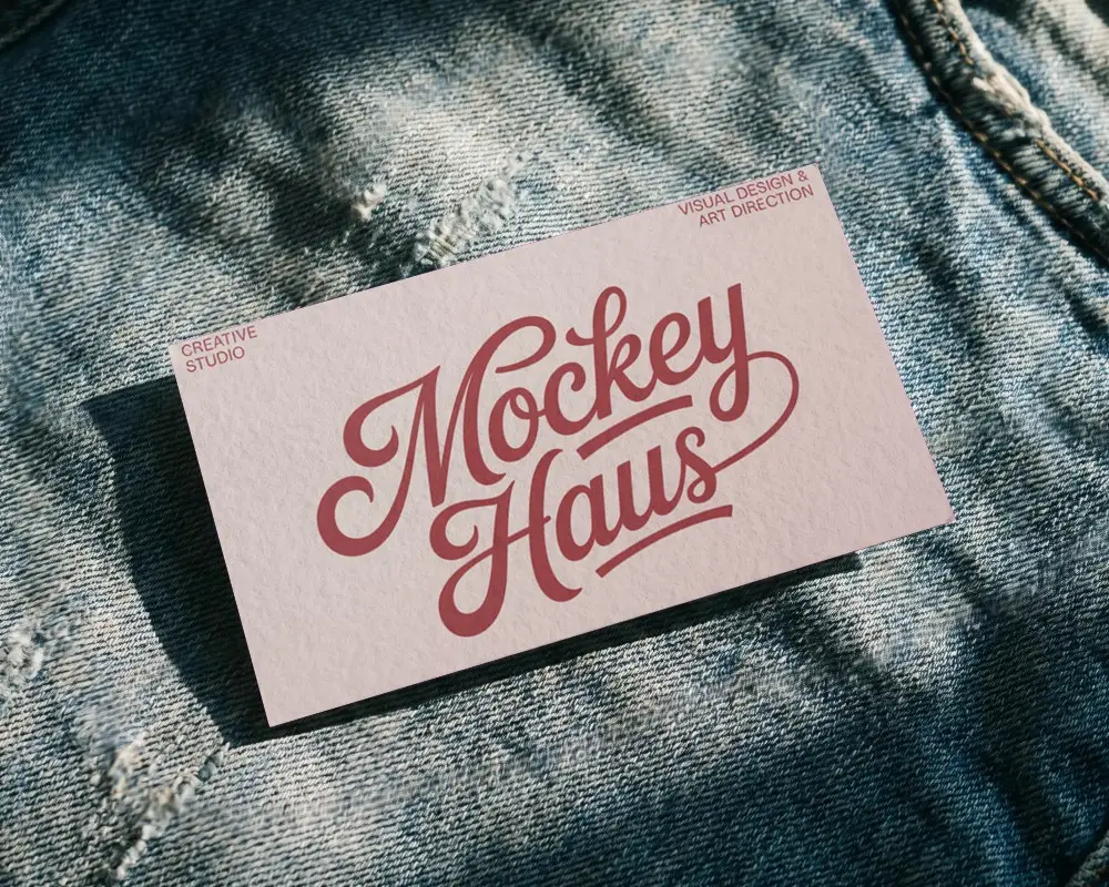 Minimalistic Plain Business Card Mockup With Subtle Shadows On Worn Jeans Fabric Surface