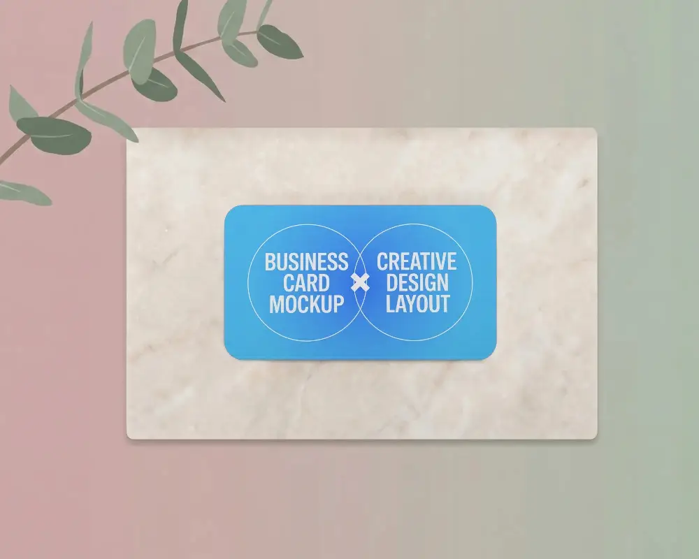 Modern Minimalist Horizontal Business Card Mockup On Stone Background With Leaf
