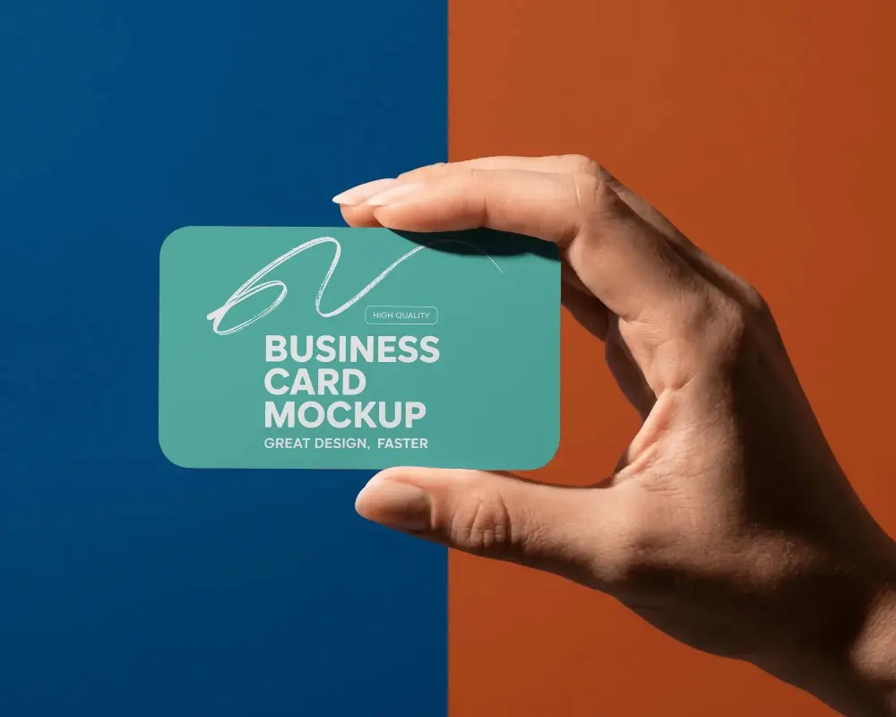 Hand Holding Business Card Mockup Over Two Tone Background Creative Visual Template