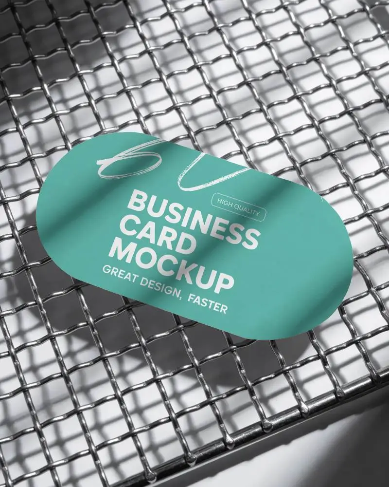 Modern Minimalist Oval Business Card Mockup On Metal Wire Mesh Background Shadow Play