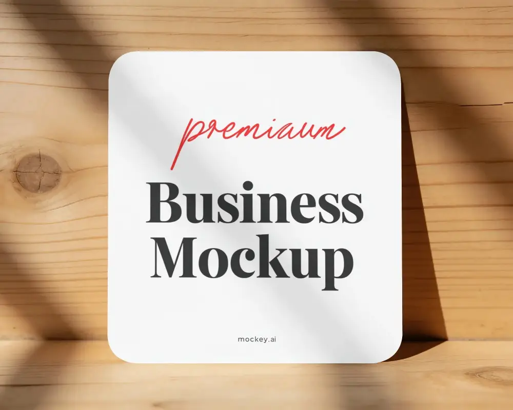 Square Rounded Edge Business Card Mockup On Wooden Texture Background With Natural Light Shadow