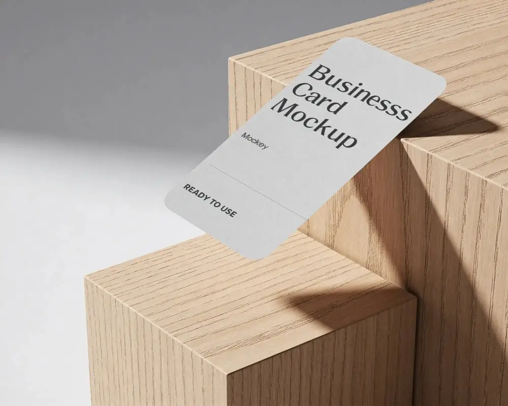 Floating Minimalist Business Card Mockup On Wooden Blocks Clean Stylish Corporate Presentation