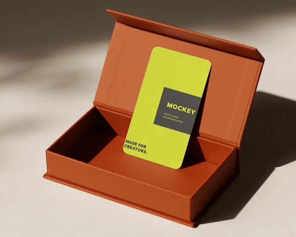 Luxury Business Card Mockup With Rounded Corners In Elegant Opening Box Display For Branding