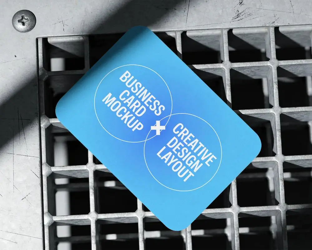 Blank Textured Business Card Mockup On Industrial Metal Grid Background For Branding