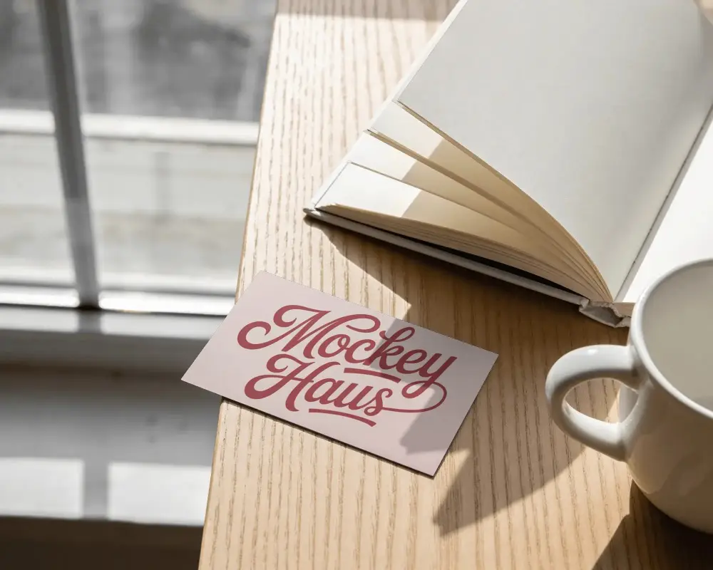 Clean Business Card Mockup Design With Natural Light Near Book And Coffee Cup