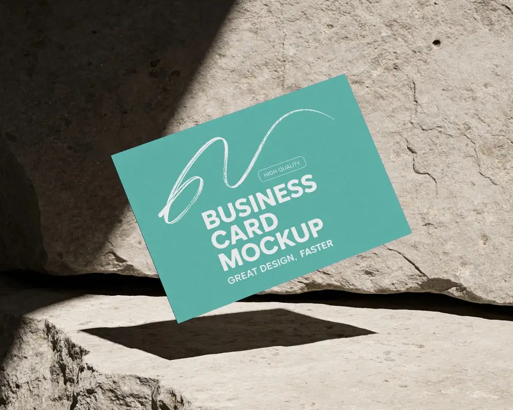 Modern Minimalist Floating Business Card Mockup On Rough Stone Background For Brand Presentation