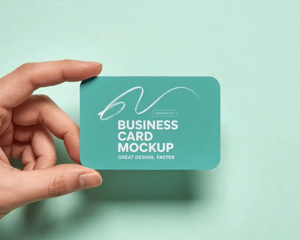 Front View Premium Business Card Mockup With Rounded Edges Held By Hand
