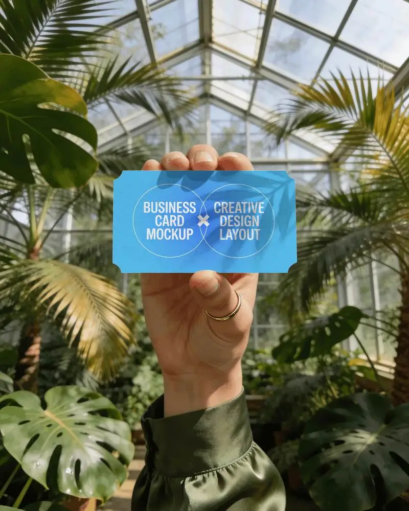 Hand Holding Blank Business Card Mockup In Botanical Greenhouse Setting