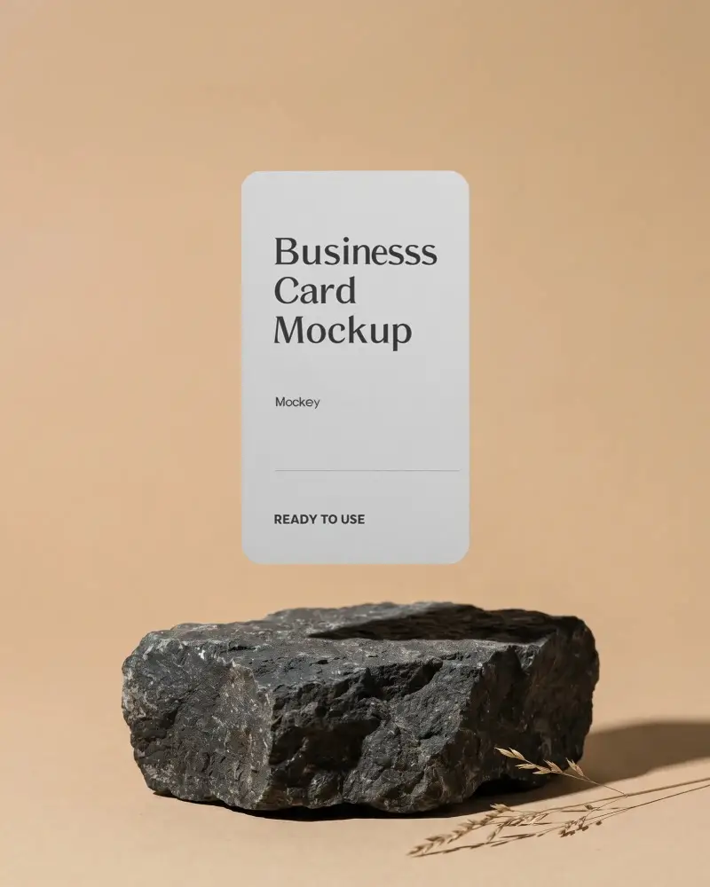 Minimalistic Vertical Business Card Mockup Floating Above Textured Stone Surface For Branding