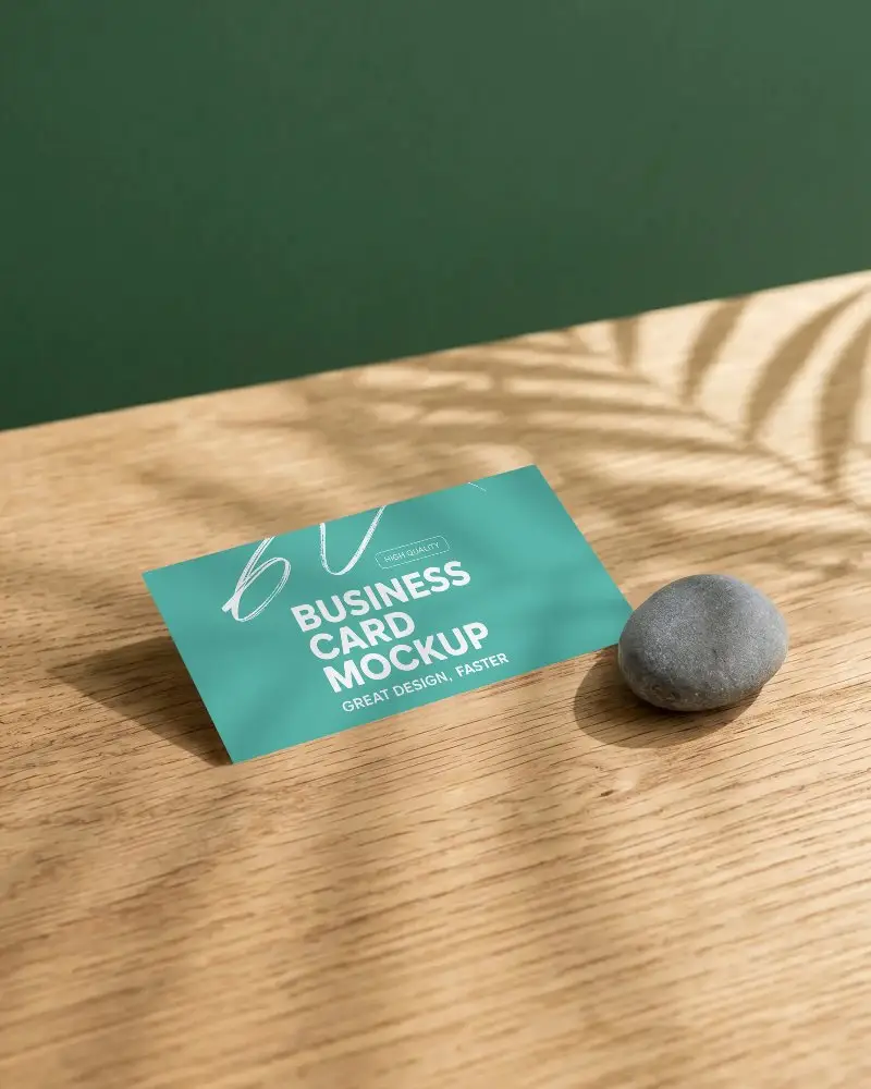 Minimal Flat Business Card Mockup With Natural Shadow And Stone On Wooden Surface