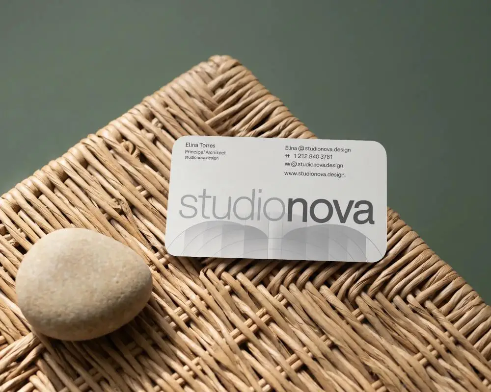 Elegant Minimalist Branding Business Card Mockup On Woven Wooden Texture Background