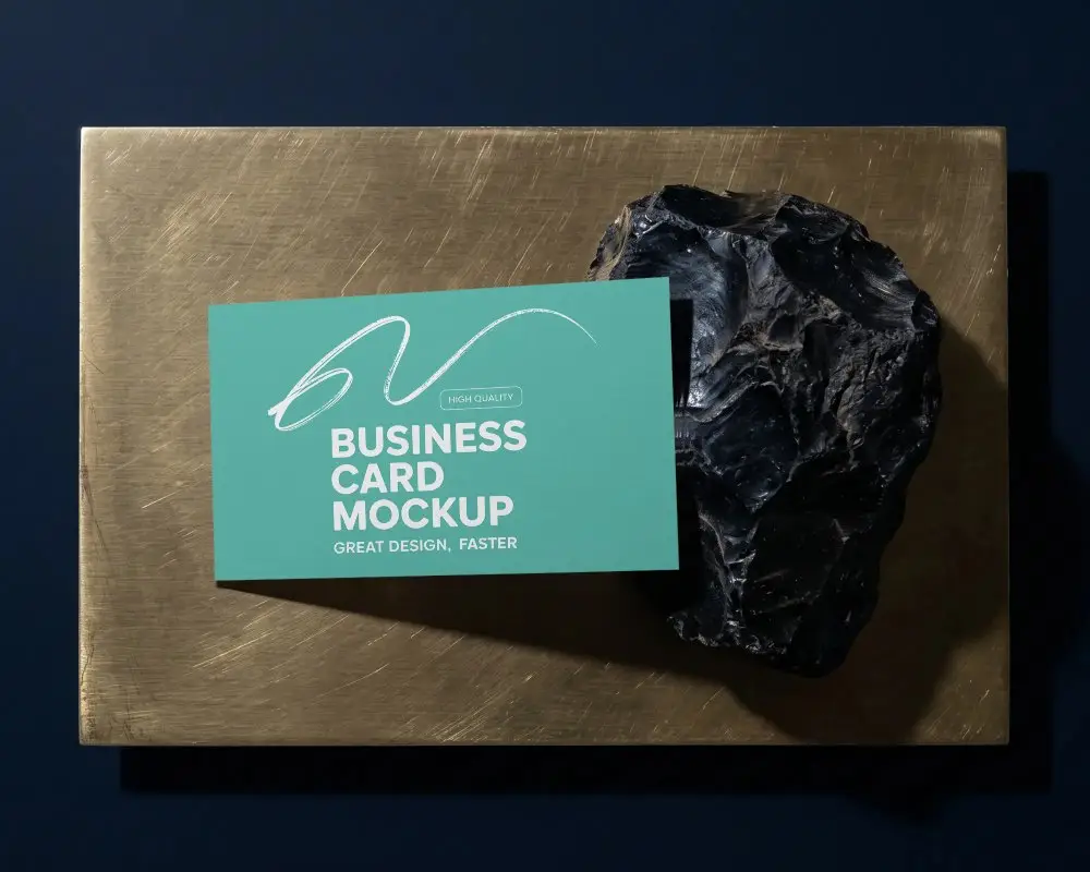 Minimalistic Horizontal Business Card Mockup With Rough Stone And Metal Plate On Dark Surface