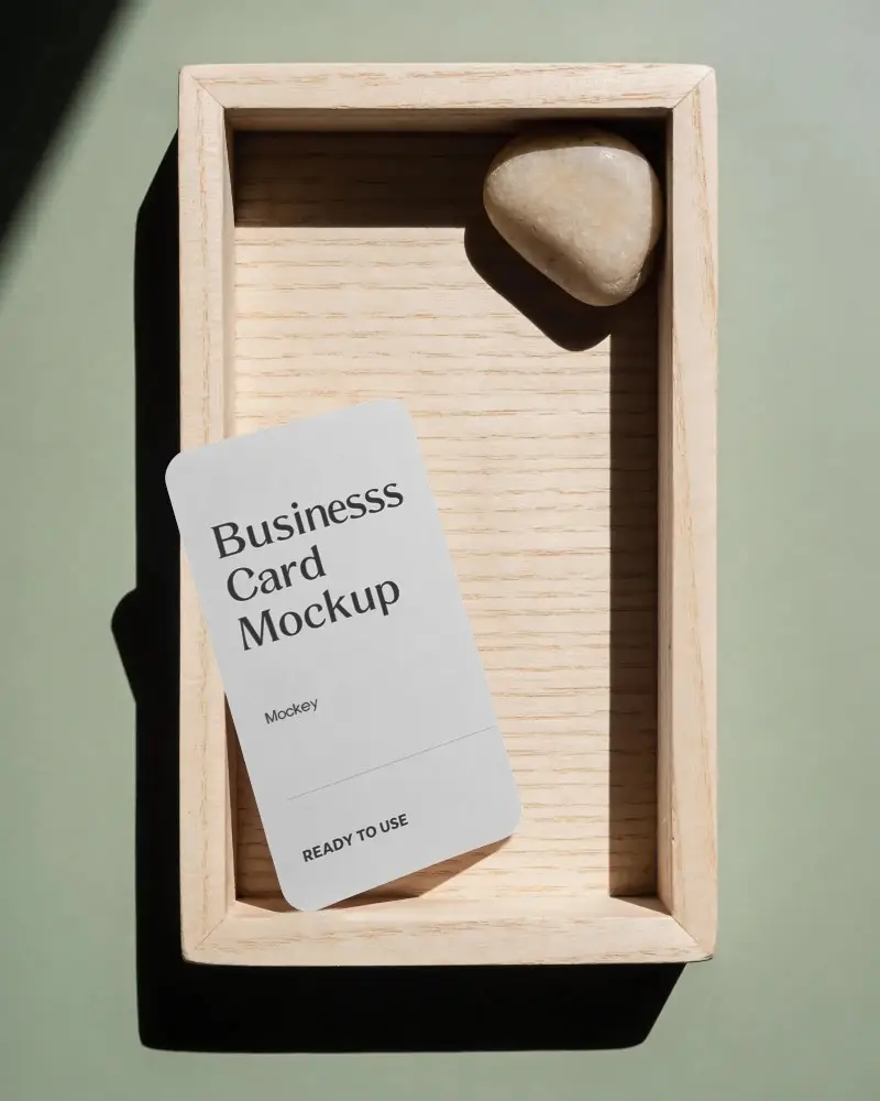 Minimalist Business Card Mockup With Natural Wooden Tray And Rounded Corners For Unique