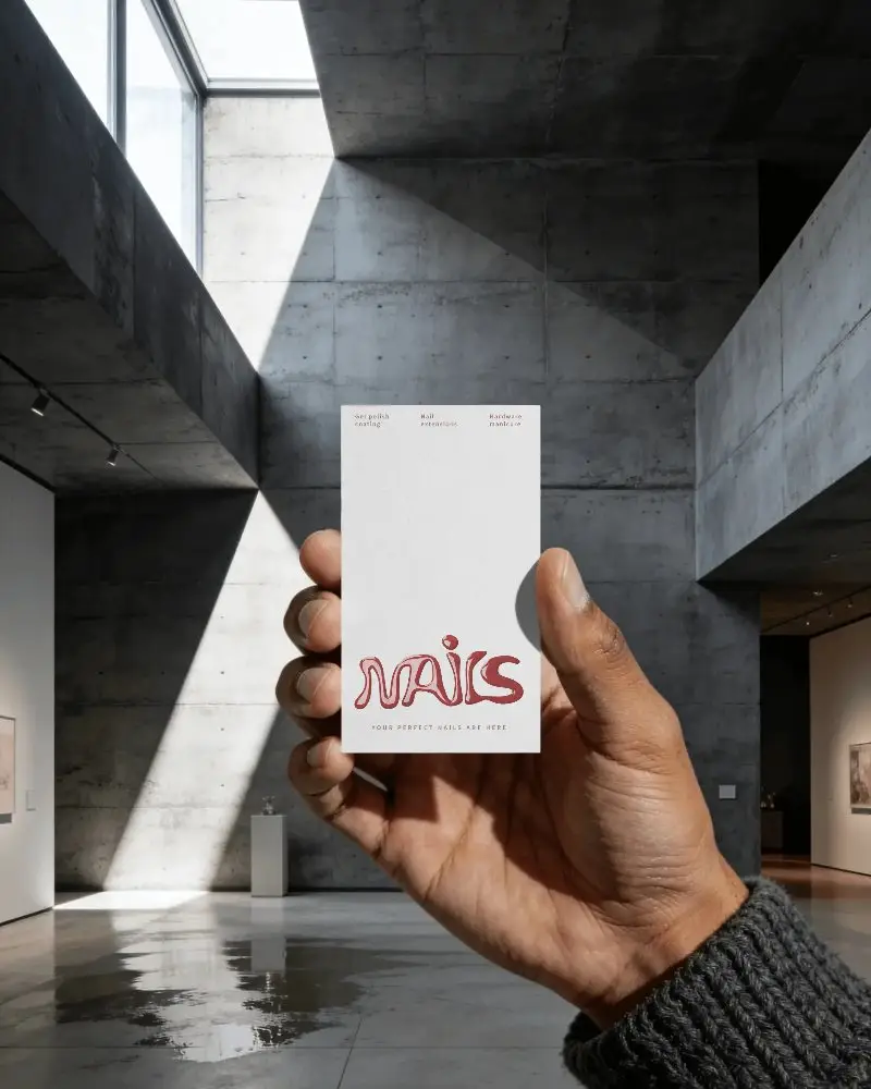 Hand Holding Minimalist Business Card Mockup In Art Gallery Setting For Professional Presentations
