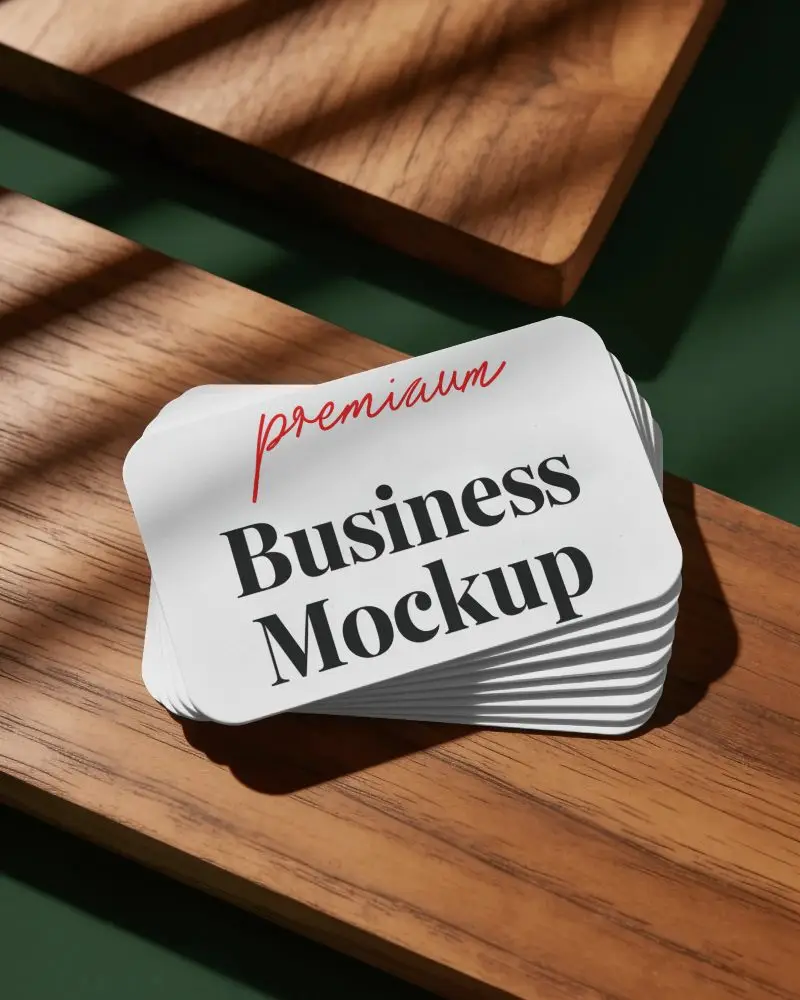 Stack Of Rounded Corner Business Card Mockups On Wooden Surface With Natural Light