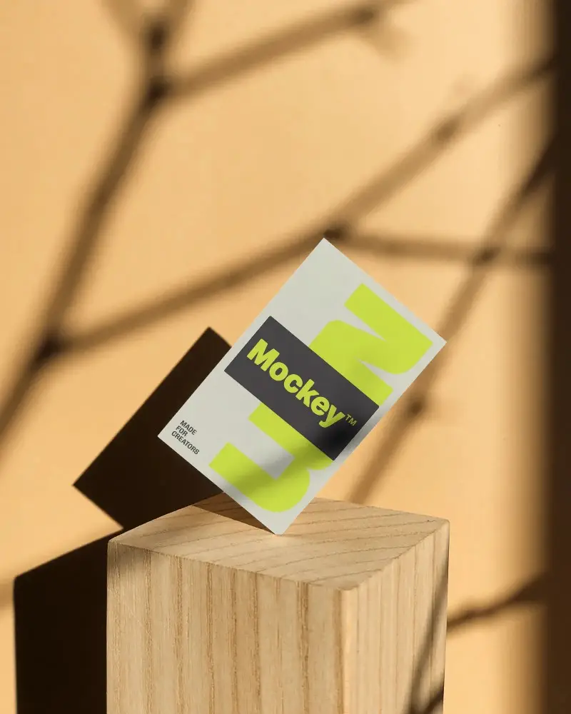 Modern Minimalist Business Card Mockup Floating On Wooden Pedestal With Shadow Play Background