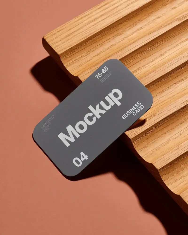 Sleek Rounded Corner Business Card Mockup On Textured Wooden Rack With Soft Shadow