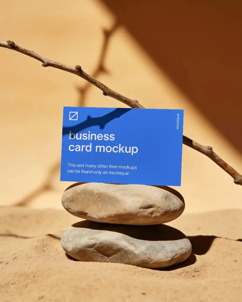 Minimalistic Business Card Mockup With Natural Rocks And Branch Shadow Background