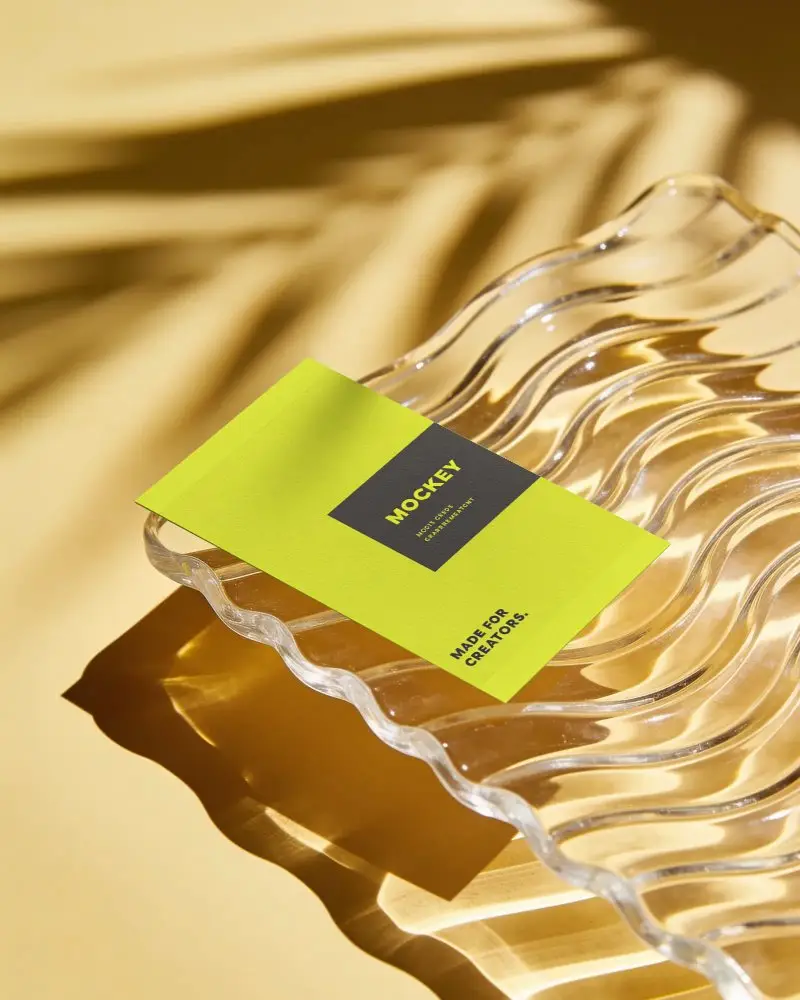 Minimalistic Business Card Mockup On Transparent Rippled Tray With Sunlight And Shadow Play
