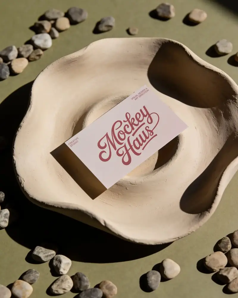Minimalistic Business Card Mockup With Organic Shaped Ceramic Plate And Scattered Stones