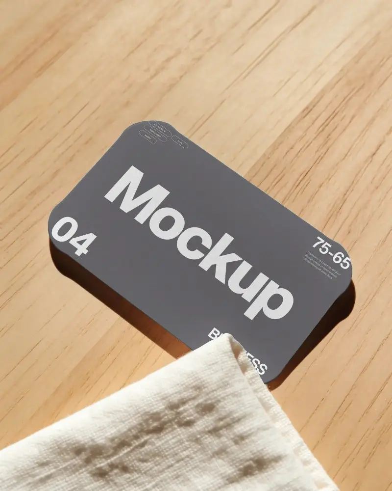 Minimalist Business Card Mockup Layout On Natural Wood Surface With Texture Cloth