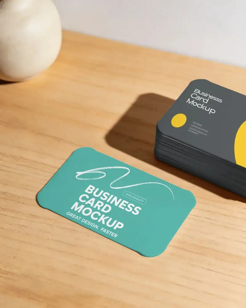 Minimalist Rounded Business Card Mockup On Wooden Surface With Shadows And Natural Light