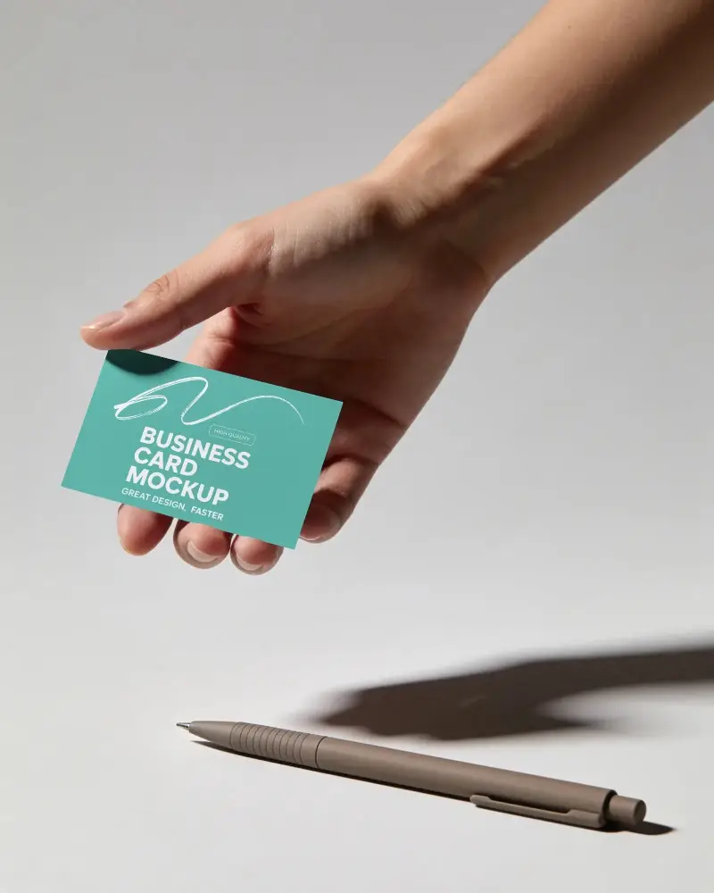Professional Business Card Mockup With Hand Display And Pen On White Background