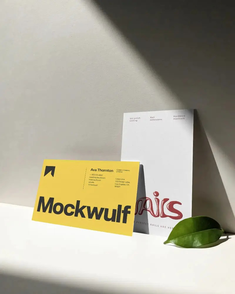 Clean Minimalist Business Card Mockups With Natural Light And Leaf Element For Design