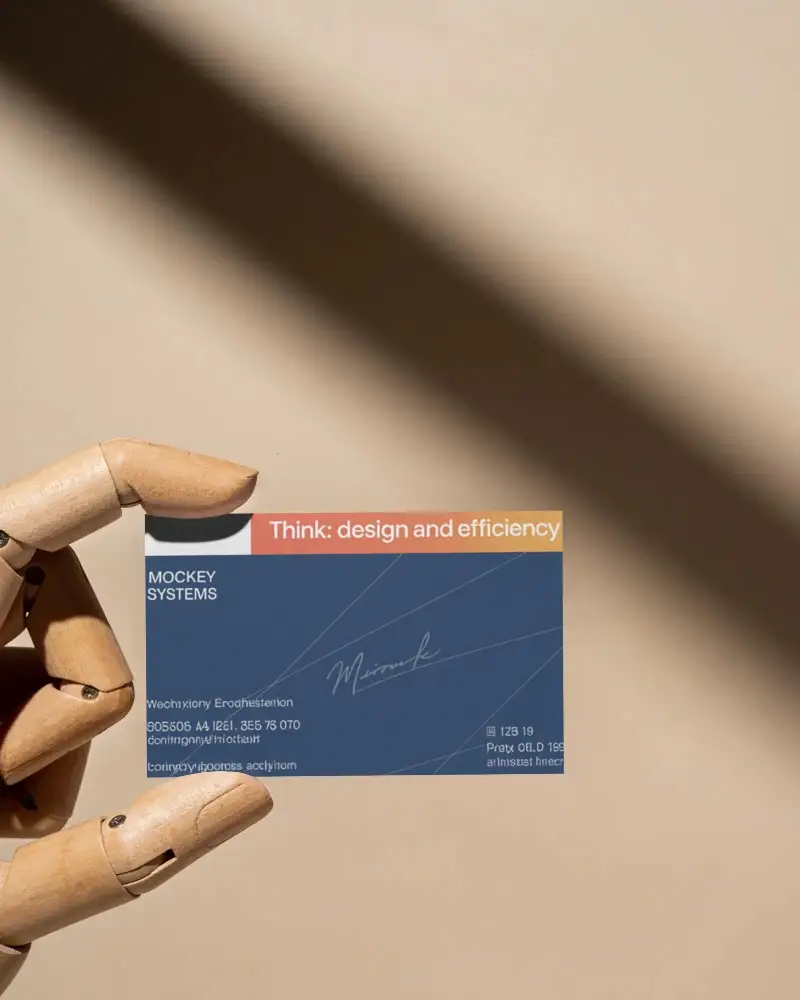 Professional Business Card Mockup Held By Wooden Hand With Textured Paper Plain Background