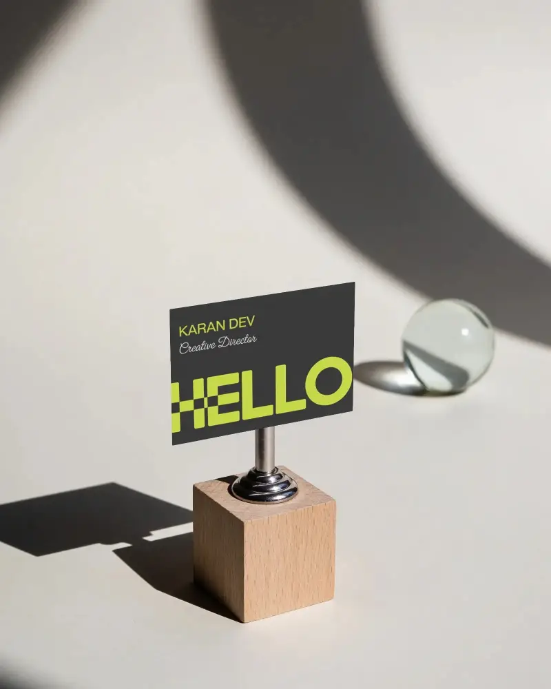 Elegant Business Card Mockup With Wood Cube Holder And Metal Clip For Professional Use
