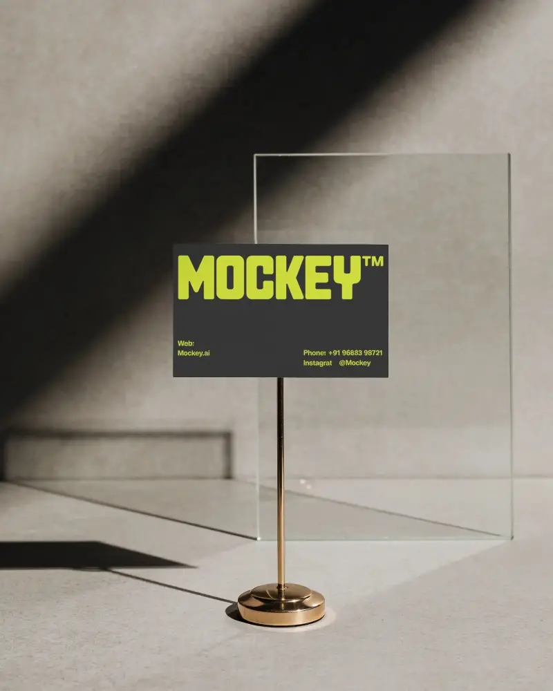 Empty Stylish Business Card Mockup Showcasing Clean Design On Elegant Metal Stand Setup