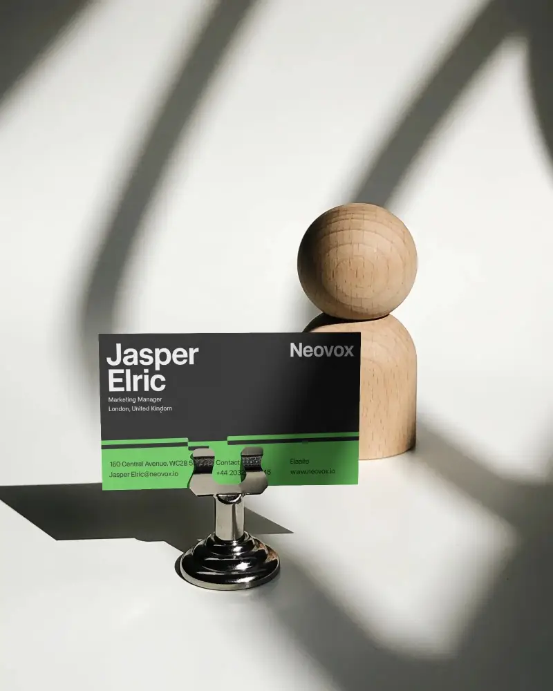 Modern Minimalist Business Card Mockup With Metal Clip And Natural Wooden Figure